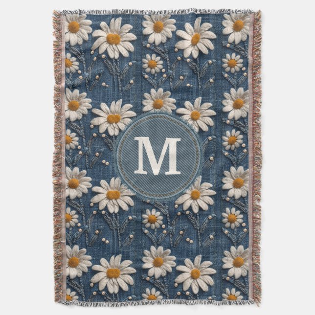 3D Daisy Embroidery Denim Custom Blanket  Filt (Framsidan Vertikal)