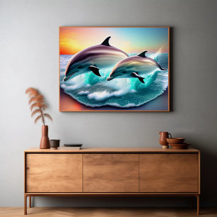 3D-delfiner Ocean Sunset Tropical Beach Vibe Poster