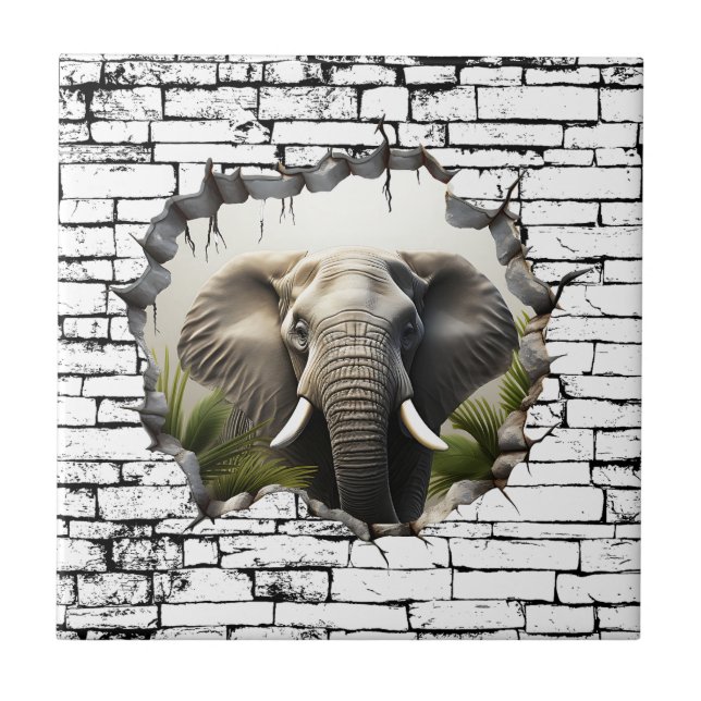 3D Elefant Väggbrott Konst – Realistisk Safari Kakelplatta (Framsidan)