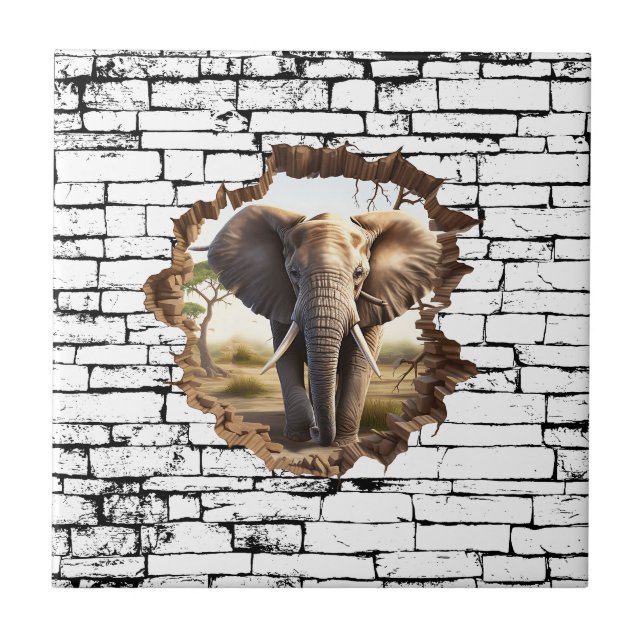 3D Elephant Wall Break Art - Realistic Safari (2) Kakelplatta (Framsidan)