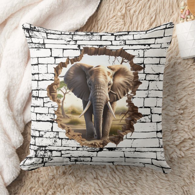 3D Elephant Wall Break Art - Realistic Safari (2) Kudde (Filt)