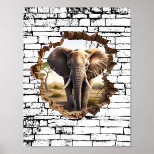 3D Elephant Wall Break Art - Realistic Safari (2) Poster