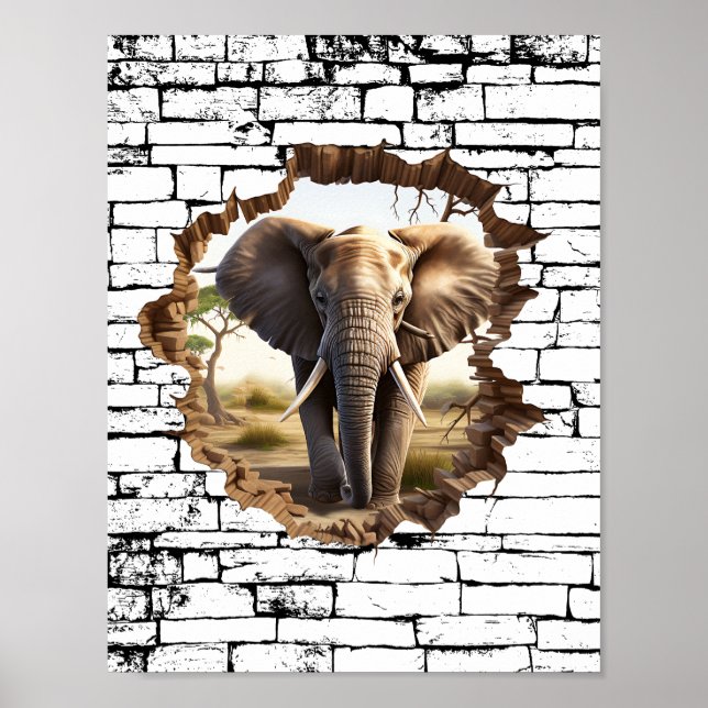 3D Elephant Wall Break Art - Realistic Safari (2) Poster (Framsidan)