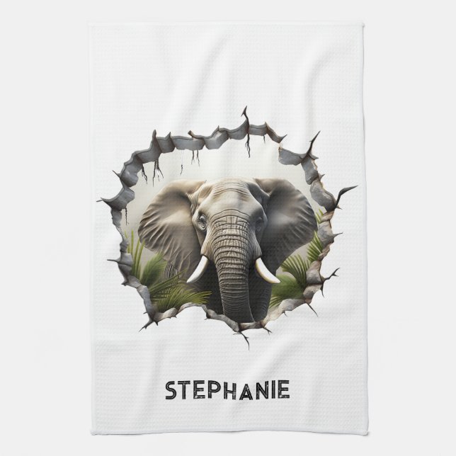 3D Elephant Wall Break Art - realistiska Safari Kökshandduk (Vertikal)