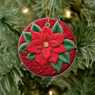 3D Embroiserat utseende Poinsettia Vinterjul Julgransprydnad Keramik
