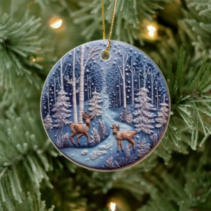3D Embroized look Hjort Winter Forest Ligcape Julgransprydnad Keramik
