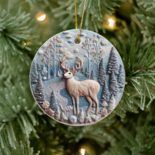 3D Embroized look Hjort Winter Forest Ligcape Julgransprydnad Keramik