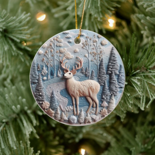 3D Embroized look Hjort Winter Forest Ligcape Julgransprydnad Keramik (Träd)