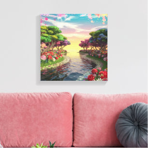 3D Fantasy Sunset over Serene Sjö med Vibrant Canvastryck