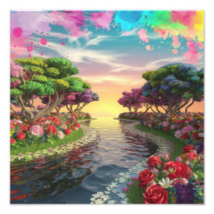 3D Fantasy Sunset over Serene Sjö med Vibrant Fototryck