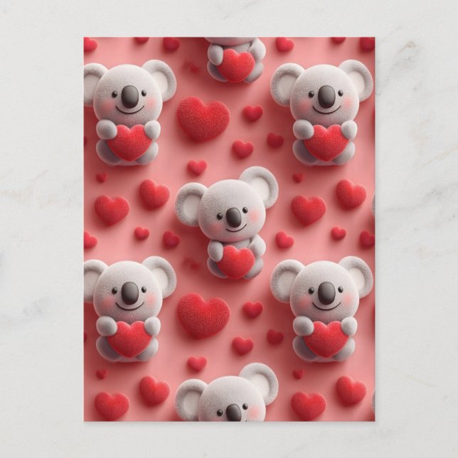 3D Fluffig Koala och Hjärtat Sömlöst Mönster Vykort (Framsida)