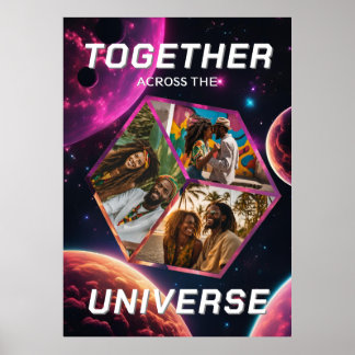 3D Fotowürfel im Weltraum mit Planeten Poster