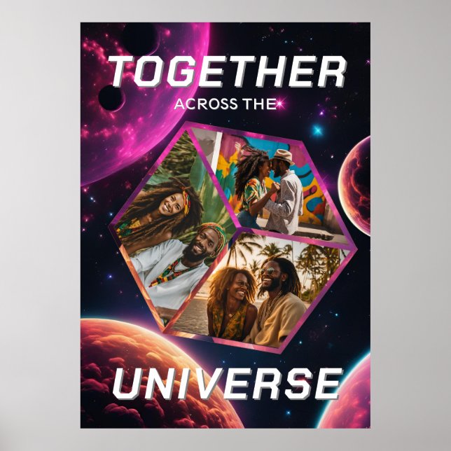 3D Fotowürfel im Weltraum mit Planeten Poster (Framsidan)