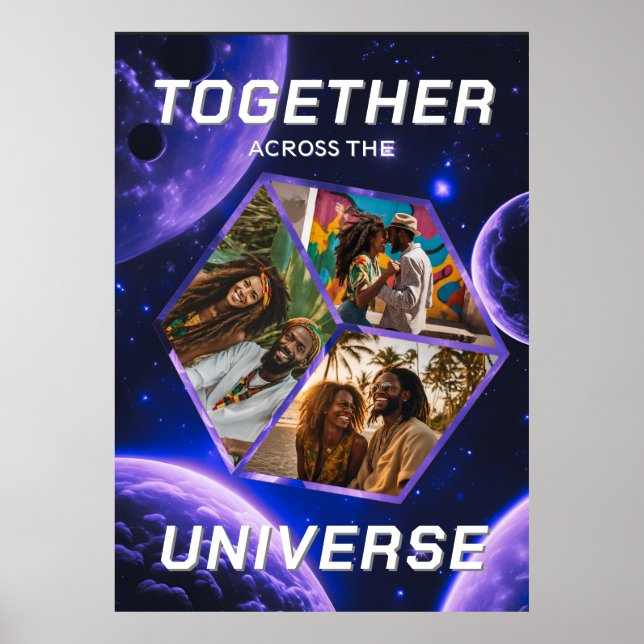 3D Fotowürfel im Weltraum mit Planeten Poster (Framsidan)
