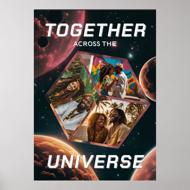 3D Fotowürfel im Weltraum mit Planeten Poster (Framsidan)