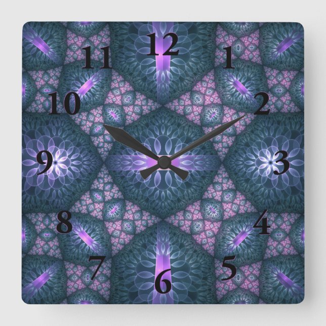 3D Fractal Art Mönster Turcos Lila Rosa Fyrkantig Klocka (Framsida)