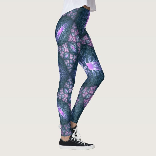 3D fraktal konst abstrakt mönster blå lila rosa Leggings (Höger)