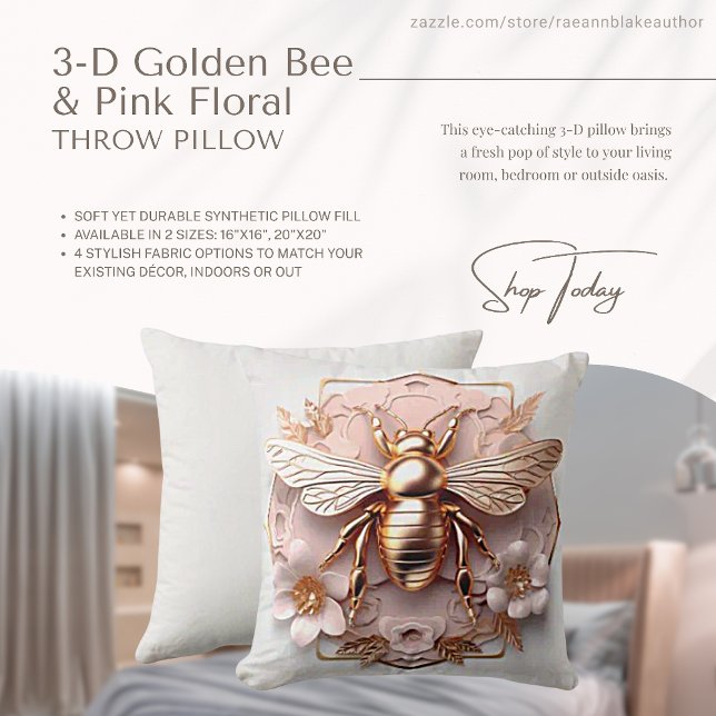 3D Golden Bee och Rosa Blommiga Kuddarna Kudde (Skapare uppladdad)