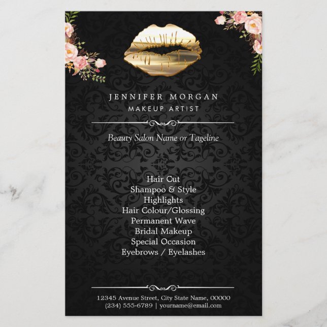 3D Guld Läppar Blommigt  Makeup Artist Beauty Salo Flygblad (Framsidan)