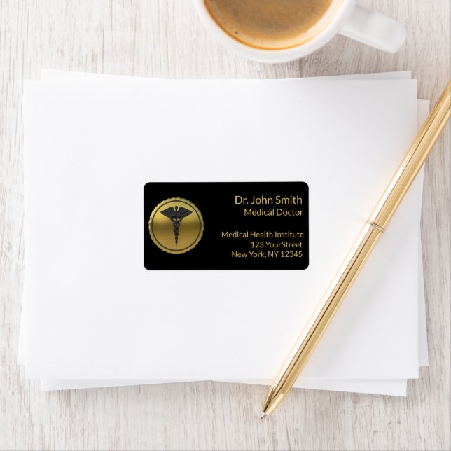 3D Guld Medicinsk Kaduceus Emblem Professionell Adressetikett (Insitu)