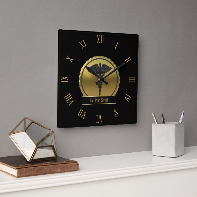 3D Guld Medicinsk Kaduceus Professionell Emblem Fyrkantig Klocka (Kontor)