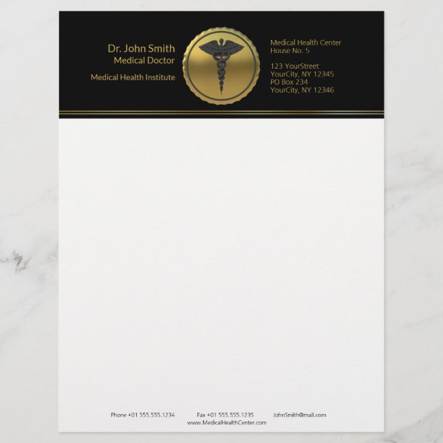 3D Guld Medicinsk Professionell Kaduceus Emblem Brevhuvud (Framsida)