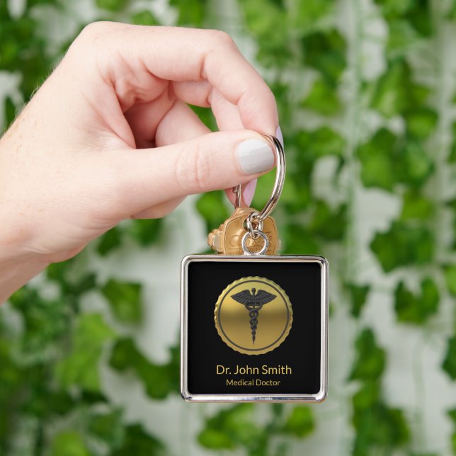 3D Guld Medicinsk Professionell Kaduceus Emblem Fyrkantig Silverfärgad Nyckelring (Hand)