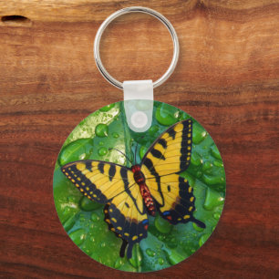 3D-Gult Butterfly på regndroppar från Grönt löv Nyckelring