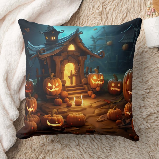 3d Halloween Pumpkin Haunted house Kudde (Filt)