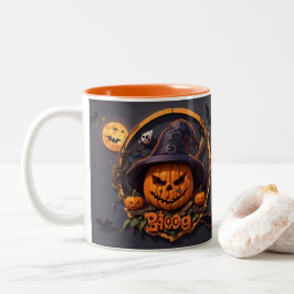 3D Halloween Scene med Pumpkin, Skull, Witch, Boo Två-Tonad Mugg
