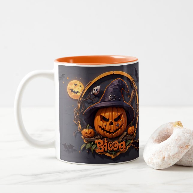 3D Halloween Scene med Pumpkin, Skull, Witch, Boo Två-Tonad Mugg (Med munk)