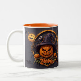 3D Halloween Scene med Pumpkin, Skull, Witch, Boo Två-Tonad Mugg