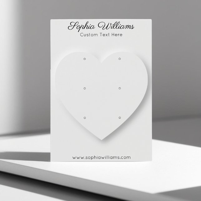 3D-hjärtminimalistkort med 3 par visningar Visitkort (earring triple studs display card, vertical mighty 3,2x2,5 inch. white shadow heart design)