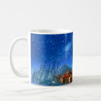 3d illustration av den lilla alpina byn i gryninge kaffemugg