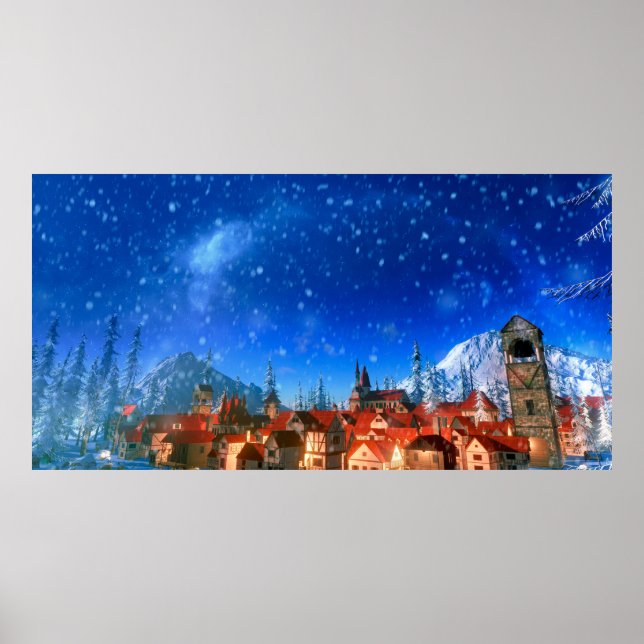 3d illustration av den lilla alpina byn i gryninge poster (Framsidan)