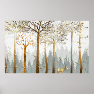 3d-illustration, grått- och guld-konturer i träd, poster