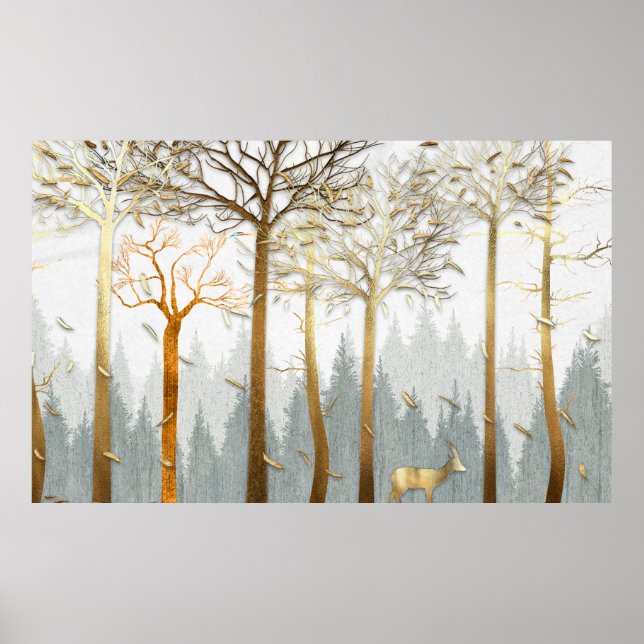 3d-illustration, grått- och guld-konturer i träd, poster (Framsidan)