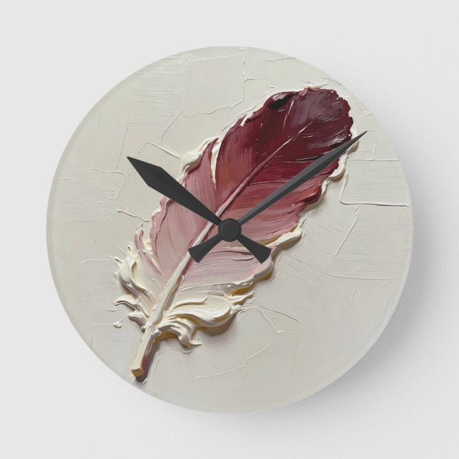 3D Impasto Struktur Lila Fjäder Elegant Minimalist Rund Klocka (Framsida)