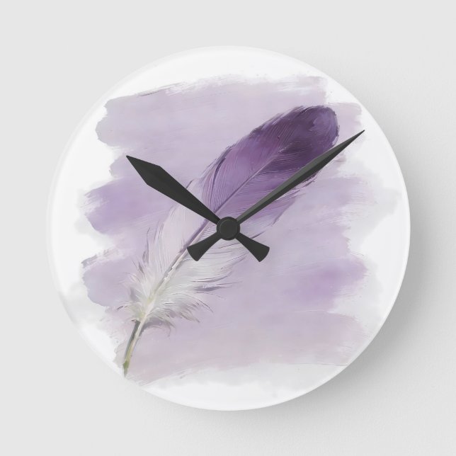 ⁠3D Impasto Vattenfärg Lila Fjäder Boho Modern⁠ Rund Klocka (Framsida)
