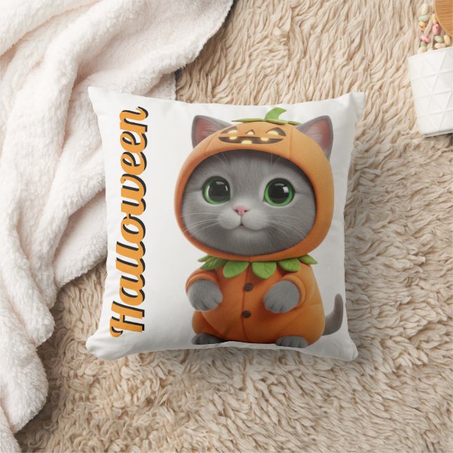3D Kawaii Pumpkin Cat Halloween Throw Pillow Kudde (Filt)
