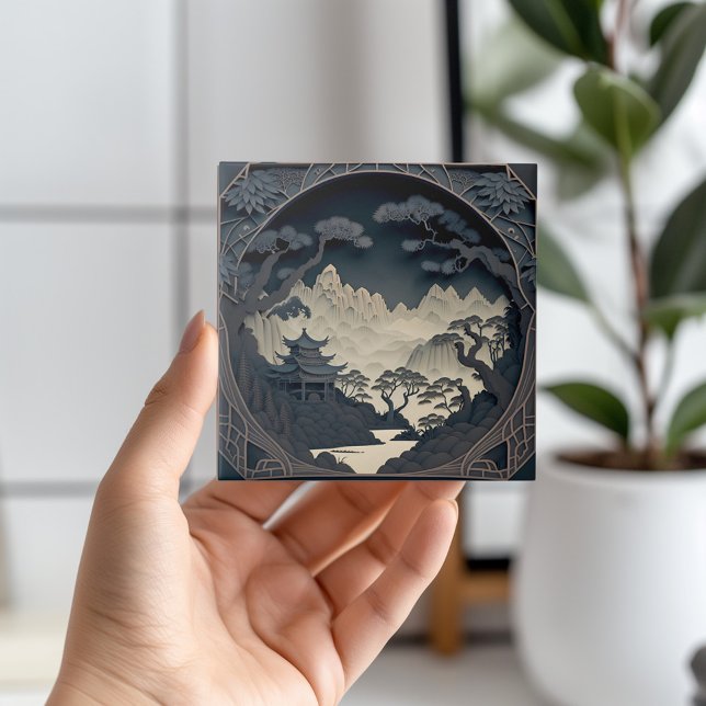 3D kinesisk liggande Grått-panel i ram Kakelplatta (Transform your space with the serene beauty of this Asia ceramic tile. 🌿🏞️ #TranquilVibes)