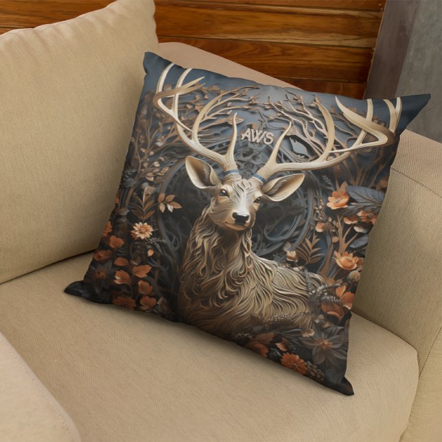 3d Large Antler Buck Hjort Rustic Monogram Kudde (Perfect for the old hunting cabin.)