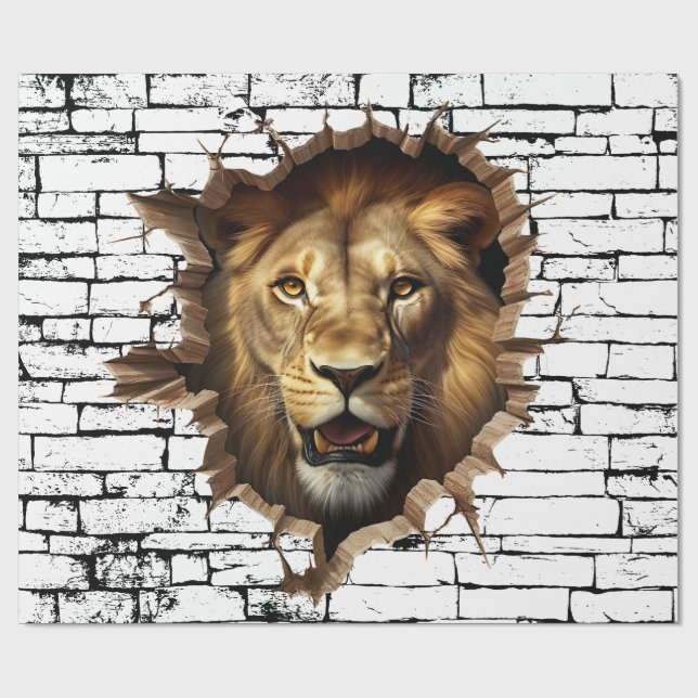 3D Lejon Väggbrott Konst – Realistisk Safari Presentpapper (Platt)