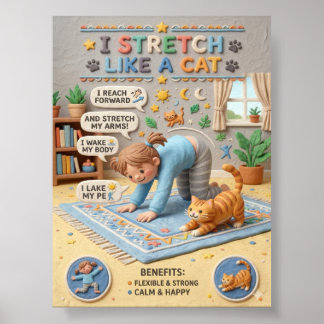 3D lera Söt unge och katt som sträcker sig pedagog Poster