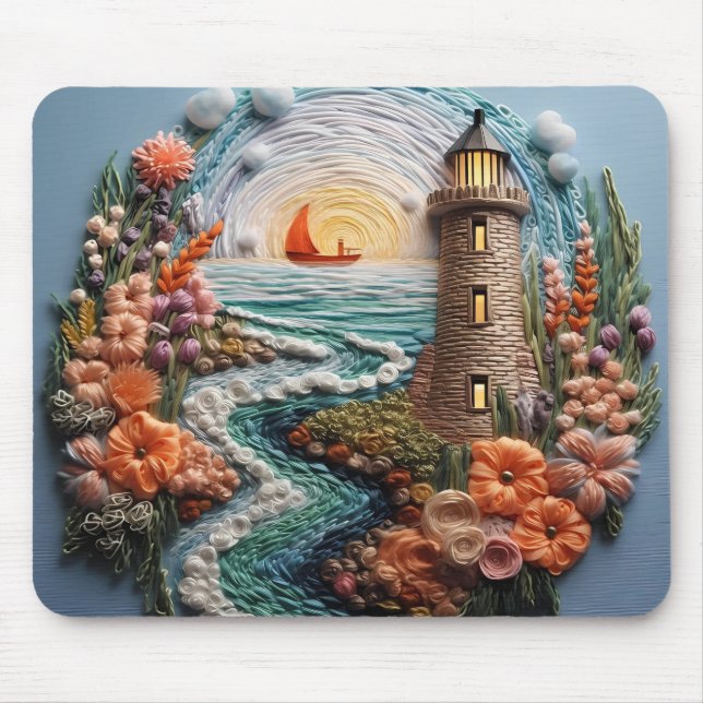 3D Lighthouse och Bay Sunset Musmatta (Framsidan)