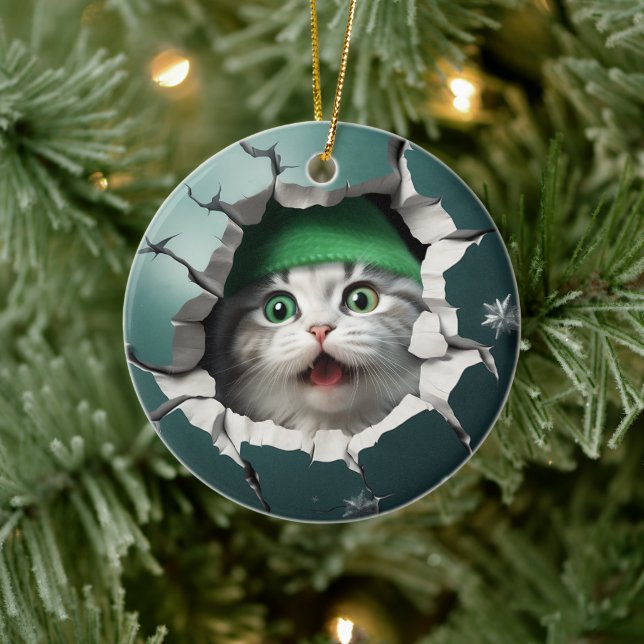 3d lustig katt julgransprydnad keramik (Träd)