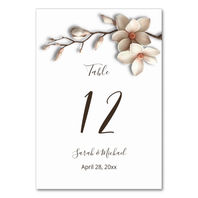3D Magnolia Blommor Vita Bröllop   Bordsnummer (Framsidan)