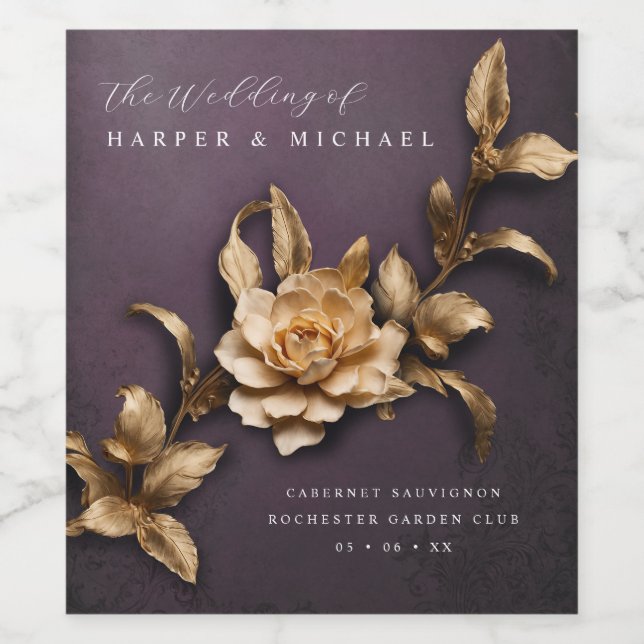 3d Metallblommor personlig bröllop Vinflaska Etikett (Singel etikett)