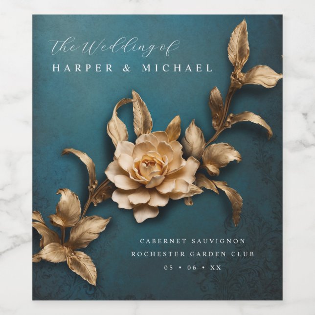 3d Metallblommor personlig bröllop Vinflaska Etikett (Singel etikett)