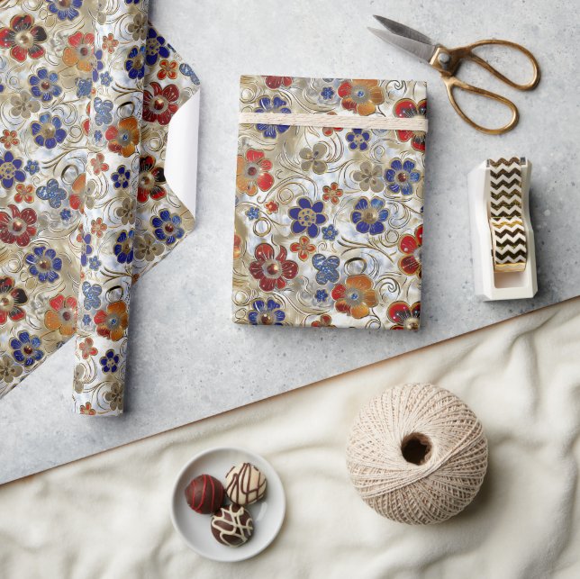 3D Metallisk Blommigt med Guld och Fet Färg Presentpapper (Hantverk)